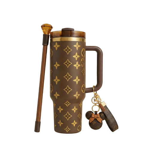 40oz (1.18L) Luxury Tumbler Brown + Keychain +  Straw Topper